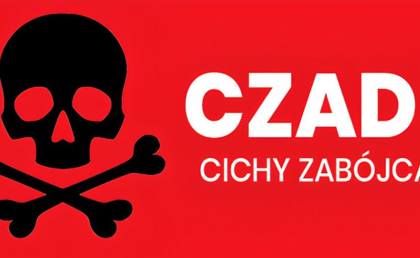 Grafika, czerwone tło i biały napis "Czad- cichy zabójca"