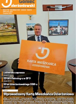 Okładka Gońca ze zdjęciem burmistrza trzymającego planszę z kartą mieszkańca