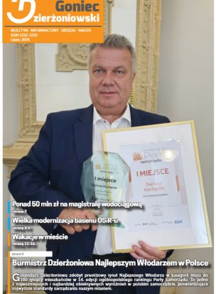 Okładka gońca ze zdjęciem burmistrza Dzierżoniowa trzymającego dyplom