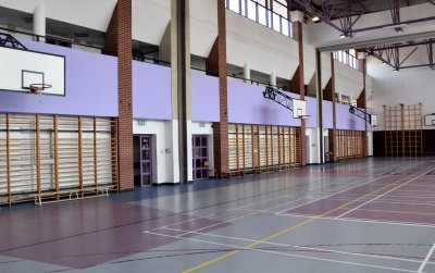 Hala sportowa z kolorowym parkietem, przy ścianie drabinki i kosze do gry