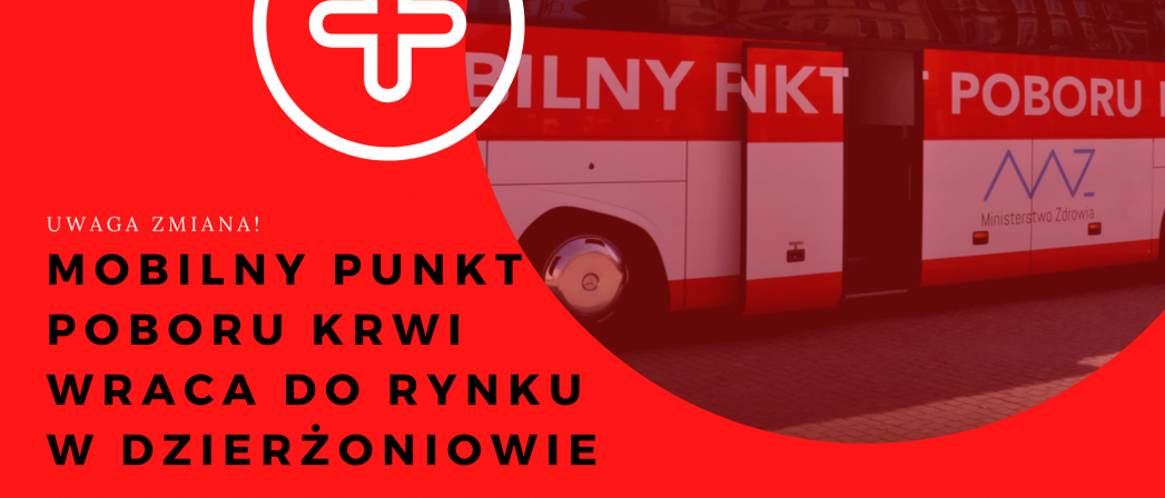 Plakat informujący o mobilnym poborze krwi. Na czerwonym tle krwiobus w Rynku