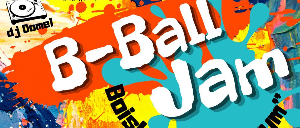 kolorowe plamy na nich napis B-Ball Jam 3 lipca 2021