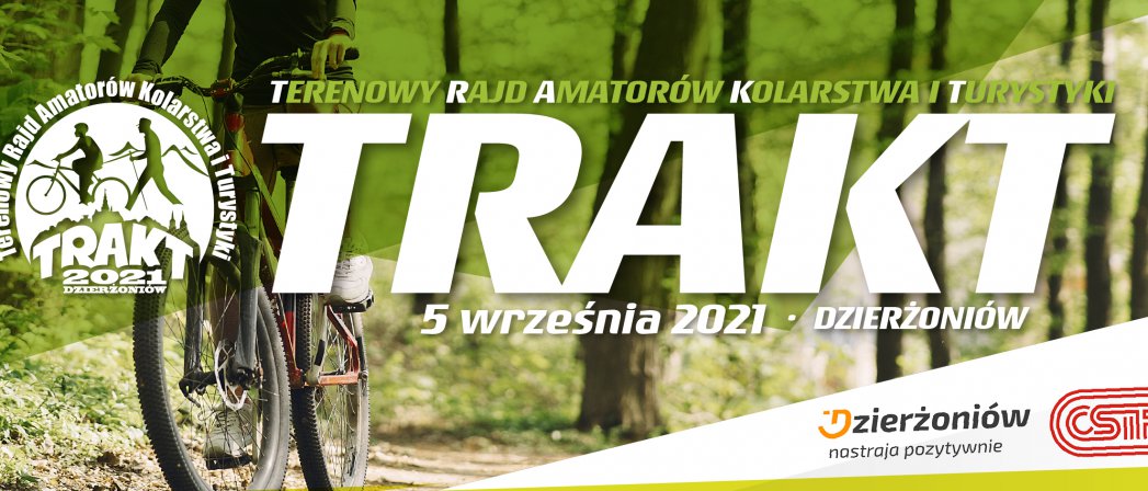 Napis TRAKT na tle rowerzysty