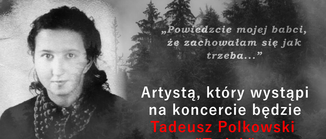 Plakt ze zdjęciem kobiety, w tle flaga Polski