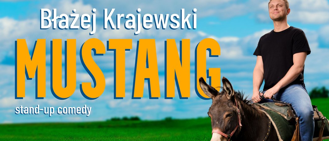Chłopak siedzący na ośle, łąka, niebieskie niebo, napis Mustang