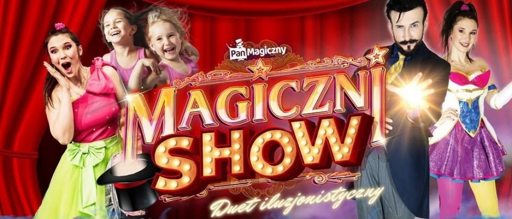 Pięć osób kolorowo ubranych, przed nimi napis Magiczni Show