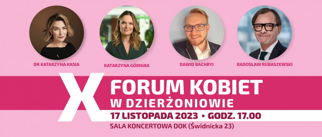 Cztery zdjęcia na różowym tle i napis X Forum Kobiet w Dzierżoniowie