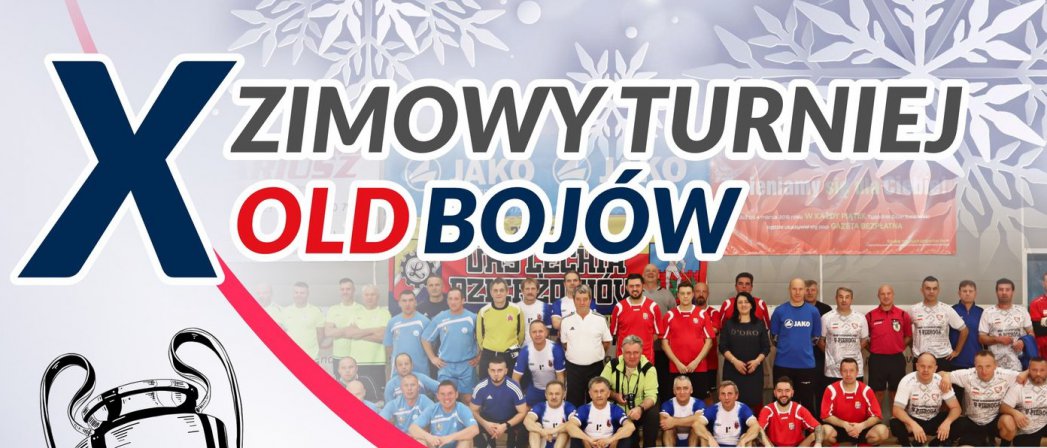 Grupwe zdjecie piłkarzy w hali i napis Zimowy Tuenirj Oldbojów