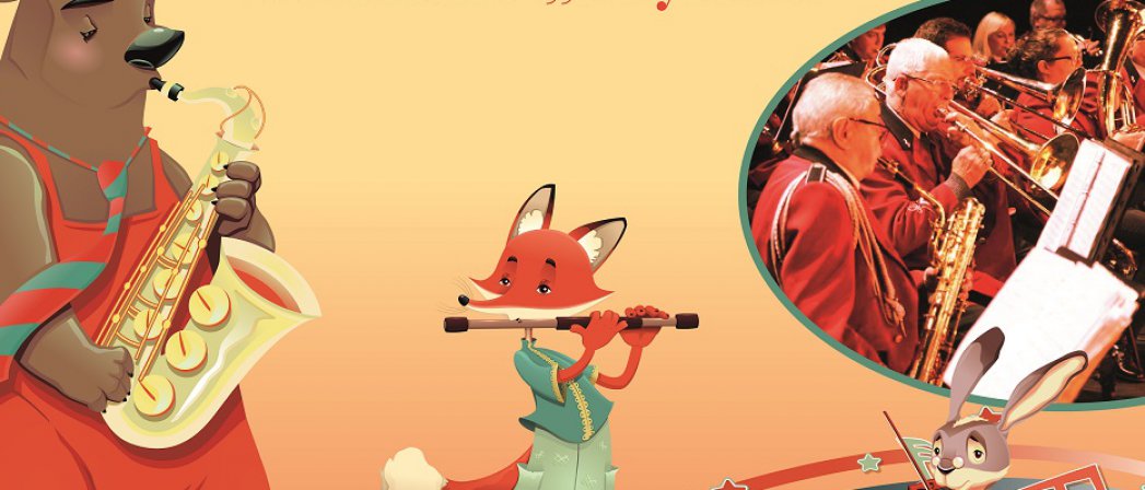 Zdjęcie orkiestry dętej w czerwonych strojach, obok rysunki zwierząt gających na instrumentach