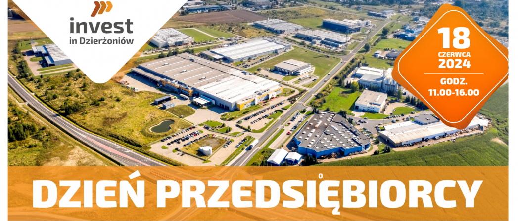 Grafika ze zdjeciem zakładów przemysłowych z góry i napis Dzień Przedsiębiorcy
