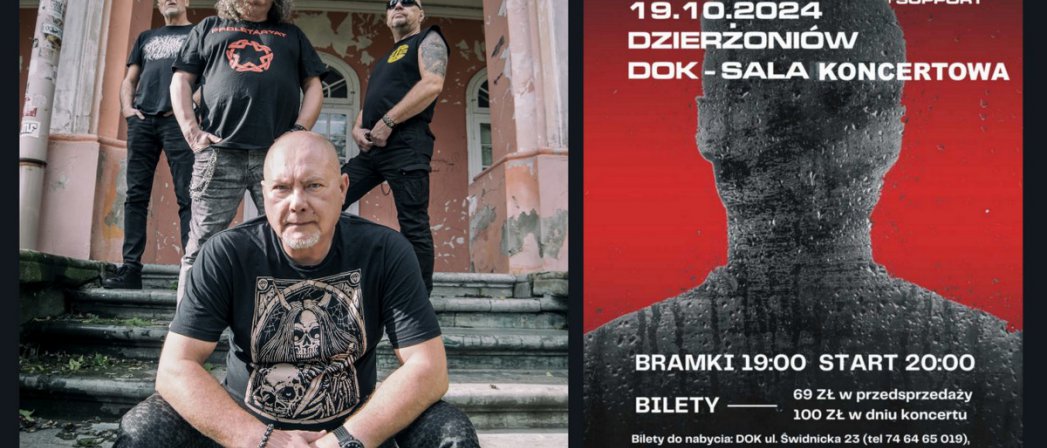 Grafika przedstawiająca zdjecie czterech mężczyzn - członków zespołu Proletaryat i plakat zapraszający na koncert zespołu w Dzierżoniowie 19 października