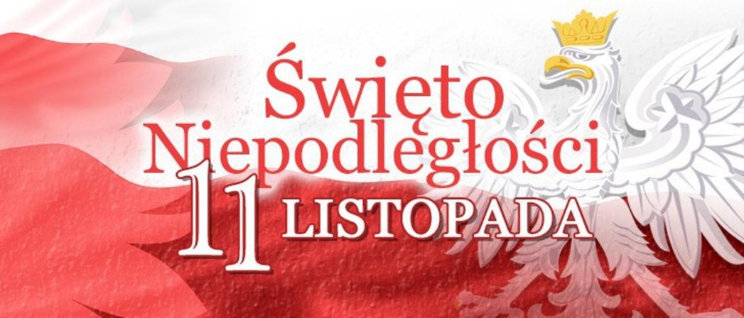 Napis Narodowe Święto Niepodległości na tle flagi i herbu Polski