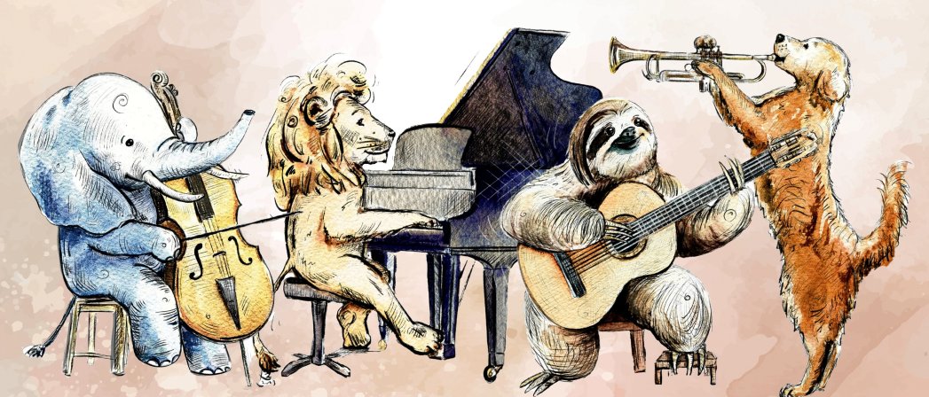 Rysunek słonia, psa, lwa i leniwca grających na kontrabasie, pianinie, gitarze i trąbce