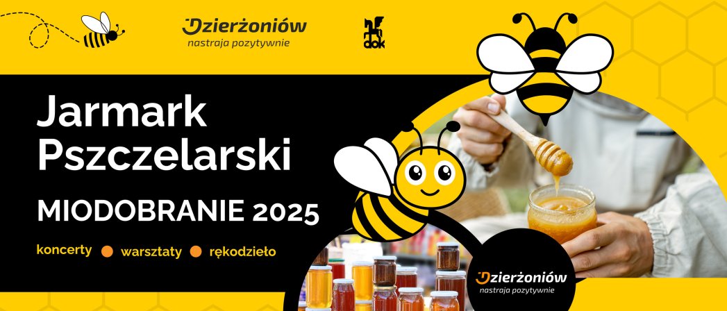 Grafika z pszczołą i miodem oraz napisem 24. Jarmark Pszczelarski Miodobranie 2025