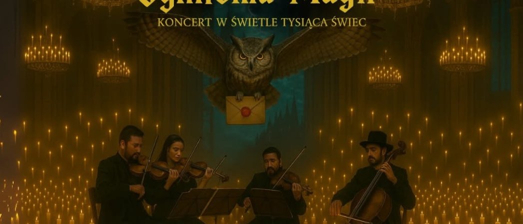 Kwartet muzyczny na scenie rozświetlonej tysiącej płomieni świec, napis Symfonia Magii