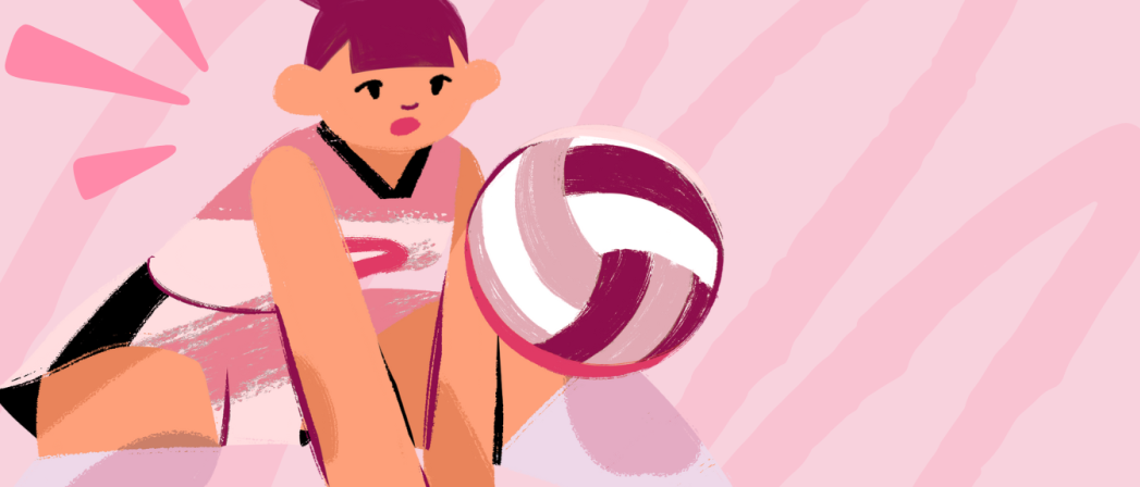 Plakat wydarzenia. Różowy plakat z rysunkową wersją siatkarki