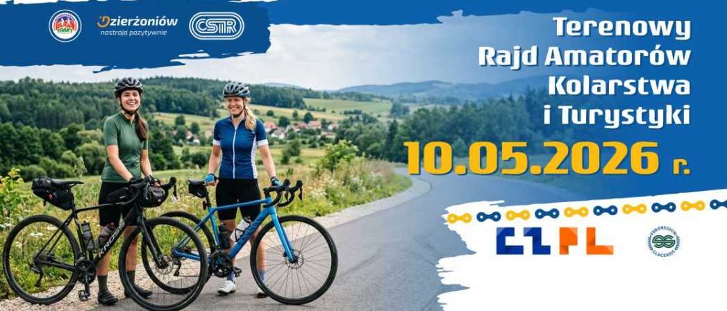 napis TRAKT 2026 Terenowy rajd Amatorów Kolarstwa i Turystyki, logotupy unijne i euroregionu glacensis, para rowerzystek
