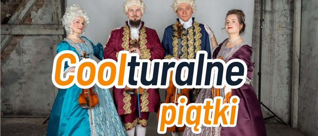 Czwórka muzyków w barkowych strojach ze skrzypcami