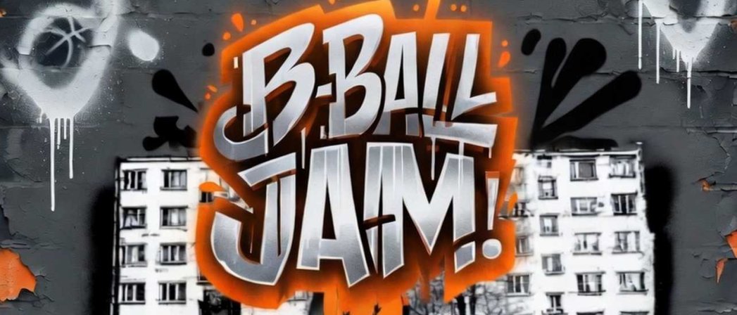 Plakat wydarzenia z grafiiti bloków i napisem B-Ball Jam