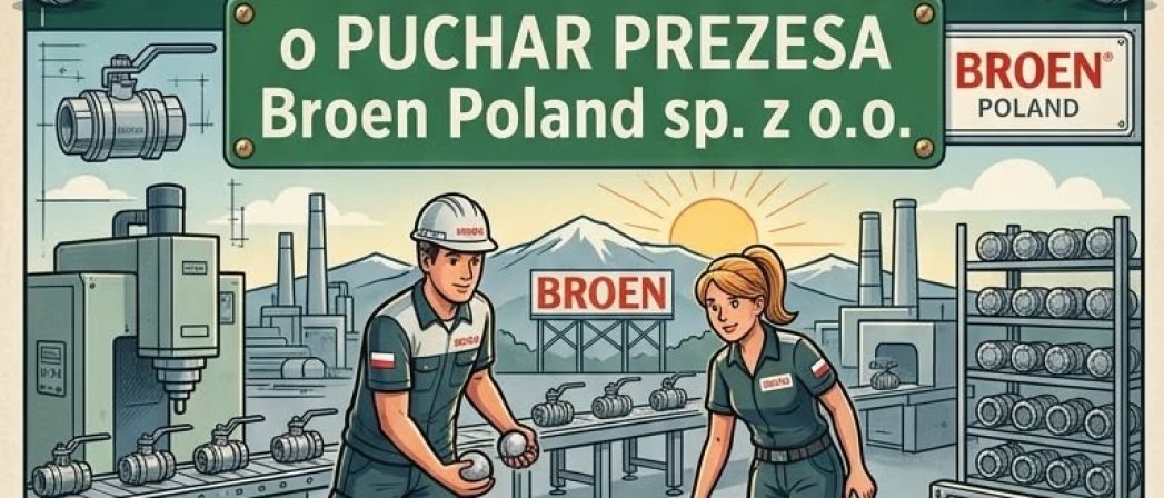 Plakat wydarzenia z rysunkiem pary grającej w bule na tle zakładów przmysłowych