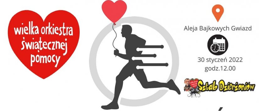 Plakat z serduszkiem WOŚP i postacią biegacza z balonikiem, napis Z sercem dla WOŚP, logotypy organizatorów