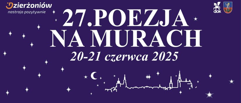 Grafika - grantowe tło, białe gwiazdki i napis Poezja na Murach