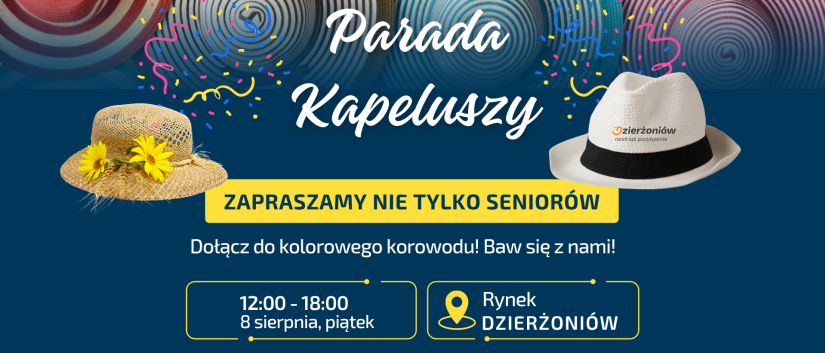 Grafika, granatowe tło, zdjęcia kolorowych kapeluszy i Napis Parada Kapeluszy