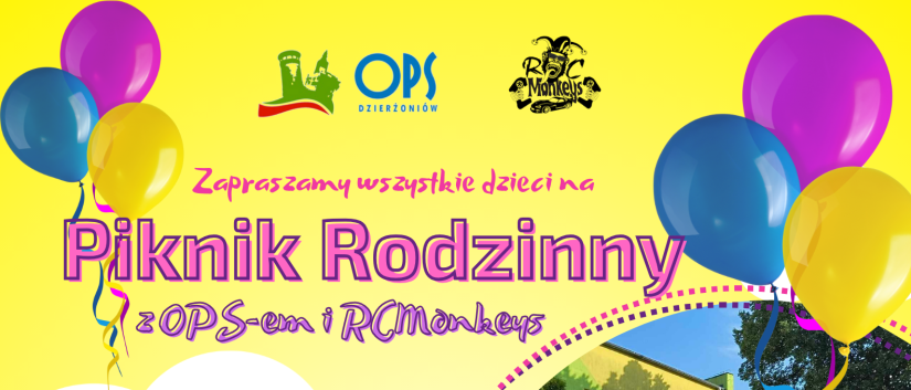 Grafika na żóltym tlee z kolorowymi balonami napis Piknik Rodzinny z OPS-em i RCMonkey's 