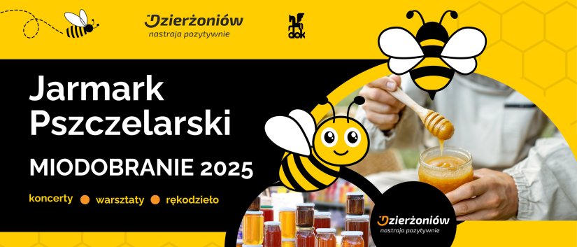 Grafika z pszczołą i miodem oraz napisem 24. Jarmark Pszczelarski Miodobranie 2025