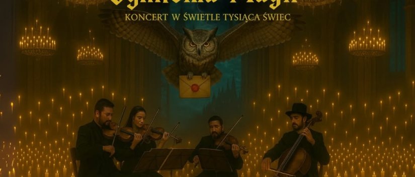 Kwartet muzyczny na scenie rozświetlonej tysiącej płomieni świec, napis Symfonia Magii