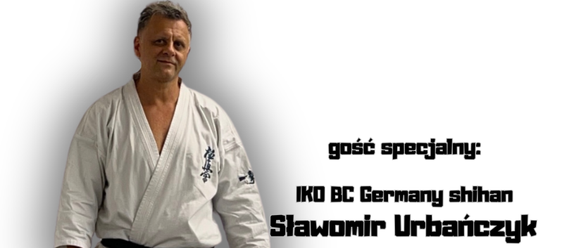 zawodnik karate ubrany w białe kimono i czrny pas, obok napisy XX Ogólnopolskie Seminarium Karate Kyokushin