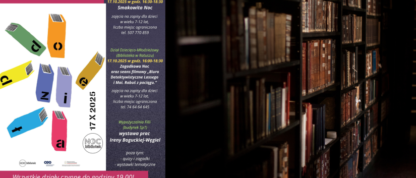 Zdjęcie półek z książkami nocną pora i plakat wydarzenia Noc Bibliotek