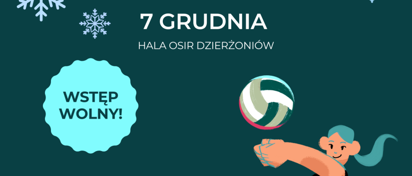 Plakat z napisem Mikołajkowy Turniej Piłki Siatkowej Kobiet i sylwetką kobiety odbijającej piłkę