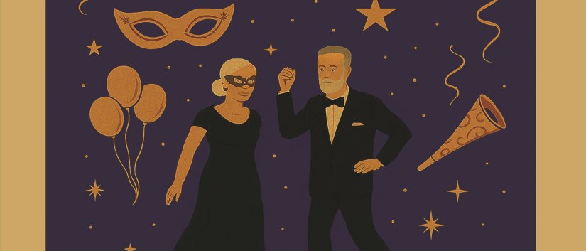 Plakat potańcowki z grafiką tańczących seniorów