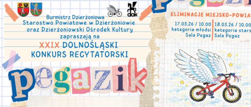 Rozpoczyna się XXIX Dolnośląski Konkurs Recytatorski „Pegazik” skierowany do uczniów szkół podstawowych, który daje młodym uczestnikom szansę zaprezentowania talentów recytatorskich. Eliminacje szkolne odbędą się w marcu, a finał wojewódzki zaplanowano na 20 kwietnia w Kłodzkim Ośrodku Kultury.