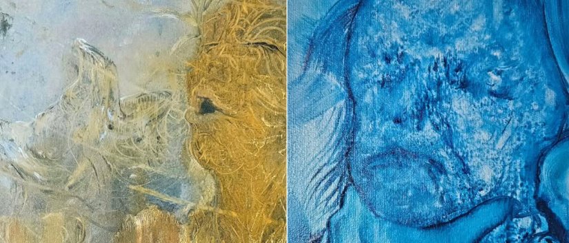 Dwie praace malarskie ukazujące powykrzywiane twarze, w jednej dominuje kolor żółty, w drugiej niebieski