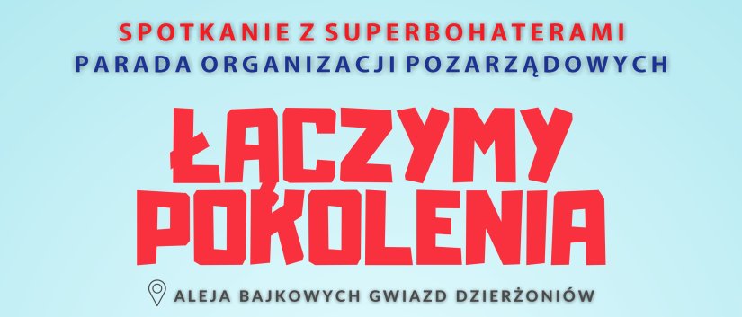 Plakat, niebieskie tło, informacje o imprezie i zdjęcie dziecka w stroju Supermena