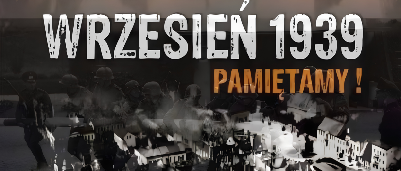Napis Wrzesień 1939 Pamiętamy na czarno-białym zdjęciu zbombardowanego miasta