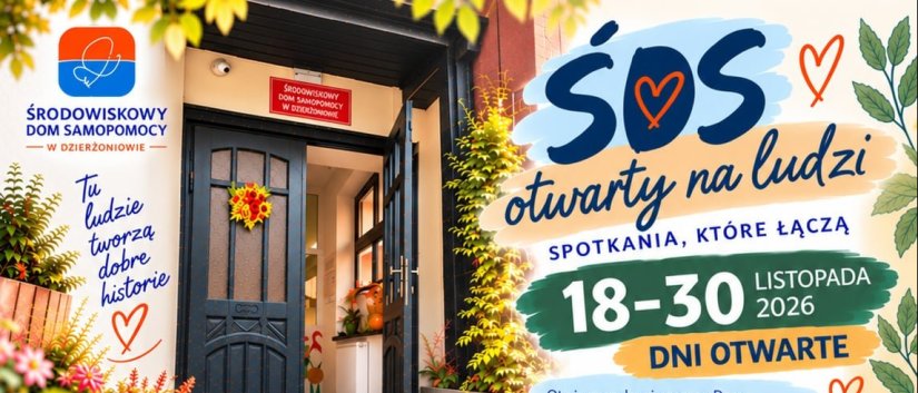 Element ozdobny - grafika z napisem ŚDS Dni Otwarte i zdjęcie wejśćia do placówki